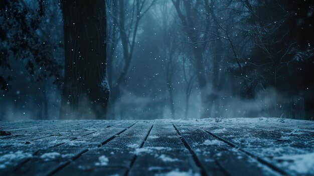 Fondo abstracto oscuro Fondo de mesa de madera Nieve invierno Fondo de noche oscura en el bosque Brillo de la luz de la luna