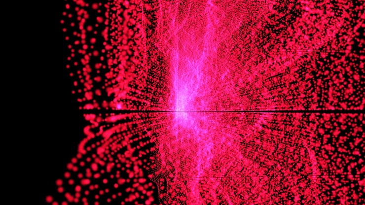 Foto fondo abstracto oscuro con partículas de color rosa brillante
