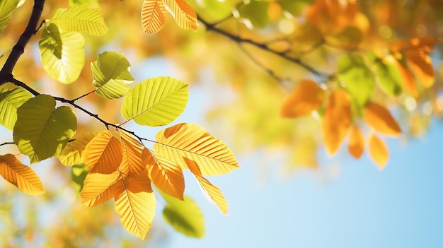 Foto fondo abstracto de otoño rama de olmo con hojas amarillas en un fondo con un espacio de copia cielo de octubre