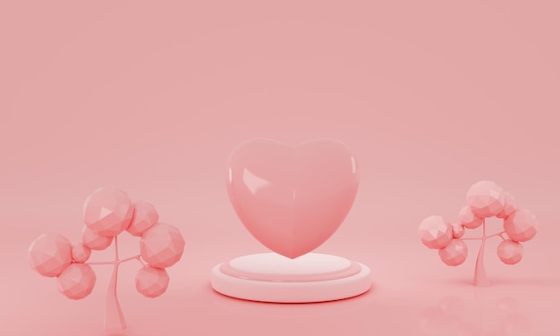 Fondo abstracto de paisaje rosa de fantasía de dibujos animados en 3D con árboles y un podio vacío ilustración de renderizado en 3d