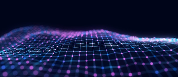 Fondo abstracto con partículas brillantes Onda móvil digital Ilustración futurista con explosión de datos Representación 3d