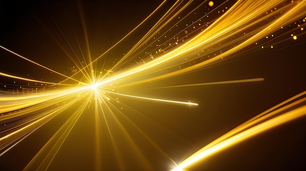 Fondo abstracto de partículas de brillo de rayos de luz de oro amarillo, representación 3d