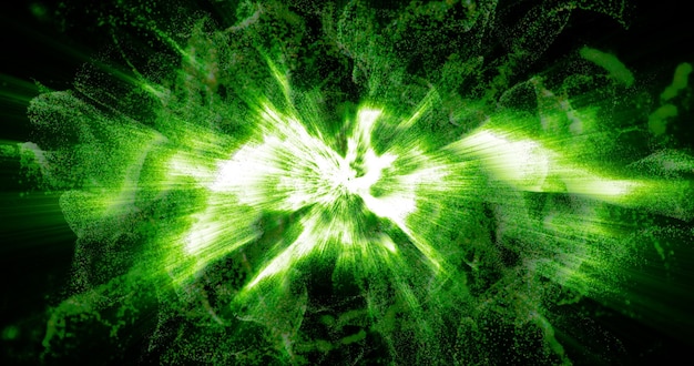 Fondo abstracto de partículas de onda pequeña voladoras en movimiento verde del humo con brillo y desenfoque