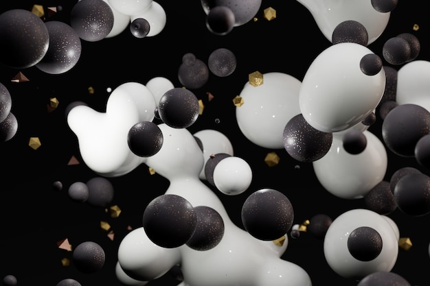 fondo abstracto. patrones de esferas blancas y negras voladoras de diferentes tamaños, burbujas deformadas