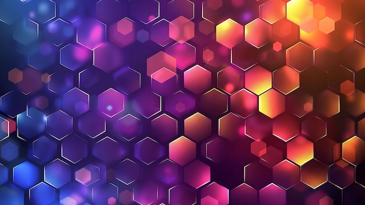 Foto fondo abstracto con patrones hexagonales púrpuras y naranjas brillantes