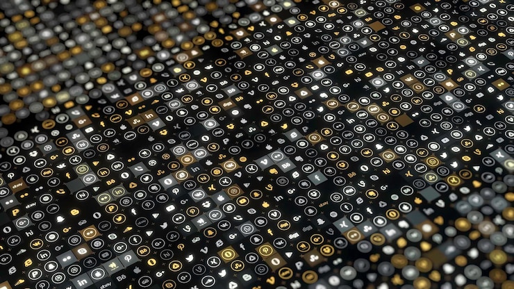 Foto fondo abstracto de pequeños iconos símbolos animación diversa gama de iconos de neón emojis brillando