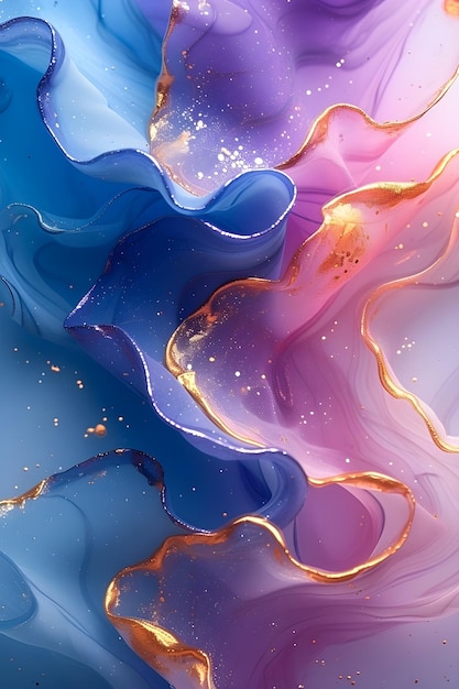 Fondo abstracto de pintura acrílica en colores azul violeta y dorado