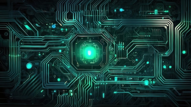 Fondo abstracto de placa de circuitos técnicos con intrincados patrones brillantes y diseño futurista