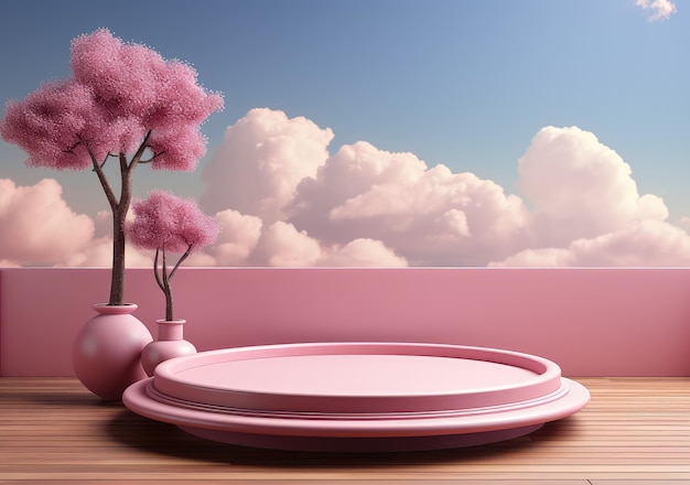 fondo abstracto con podio rosa y escena de verano mínima en la nube para exhibición de productos de maquetas Pedestal de colocación de productos cosméticos de belleza presente AI Generativo