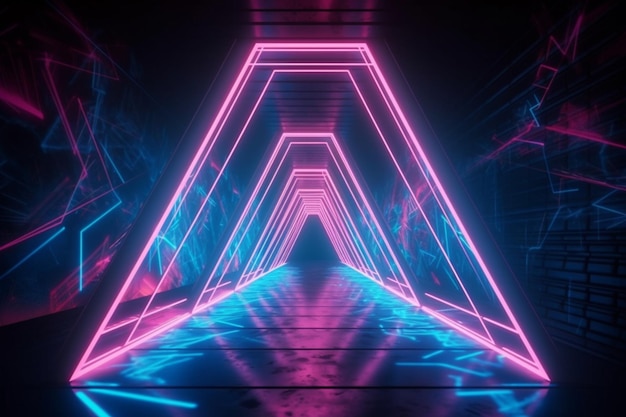 Fondo abstracto de portal de triángulo de neón rosa azul Líneas brillantes túnel de realidad virtual