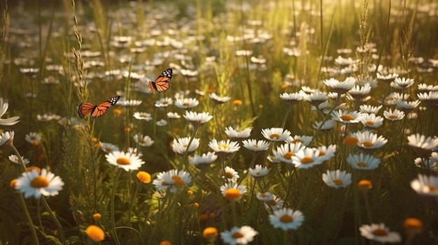 Fondo abstracto con prado de margaritas y mariposas monarca voladoras Hermoso campo de manzanilla y flores en papel tapiz botánico de la luz del sol Ilustración horizontal para el diseño de pancartas AI generativa