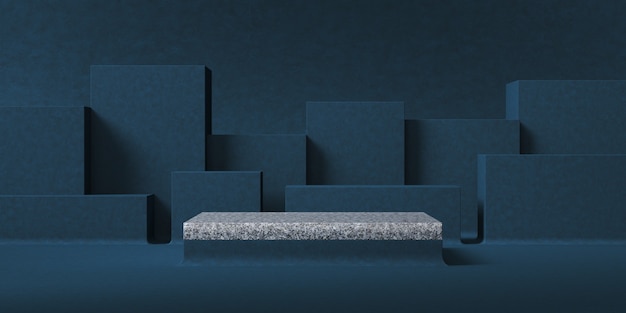 Fondo abstracto para la presentación del producto, plataforma de mármol gris frente a fondo de capa de caja azul oscuro. Representación 3d