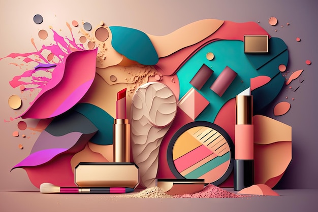 Fondo abstracto con productos de maquillaje profesional ai generativo.