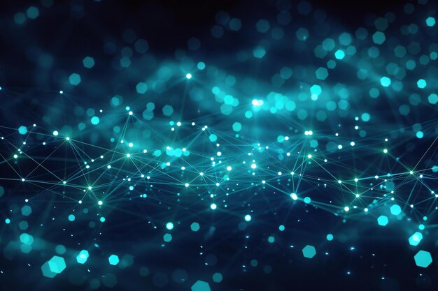 Fondo abstracto con puntos brillantes azules y verdes conectados en líneas que forman una estructura de red