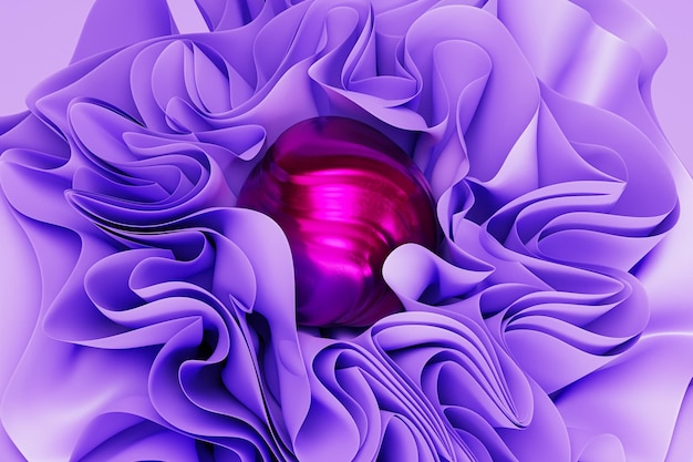 Fondo abstracto púrpura con pliegues u ondas de cinta y render 3d de esfera metálica