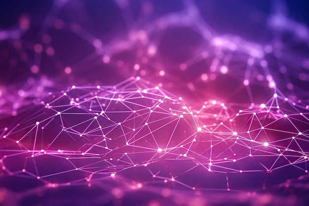 Fondo abstracto púrpura rosado con una red de partículas conectadas y bokeh Scifi tecnología digital