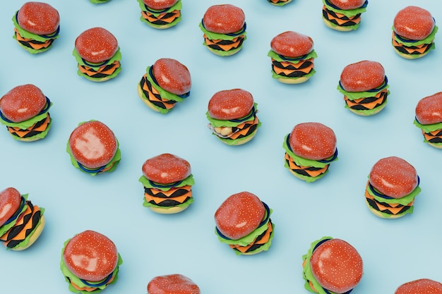 Fondo abstracto que consiste en patrones de hamburguesas en un render 3d de fondo azul