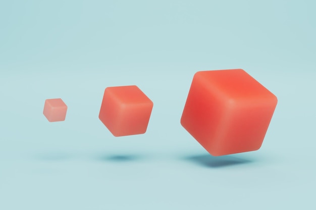 Un fondo abstracto que consta de cubos rojos de diferentes tamaños sobre un fondo azul 3D Render