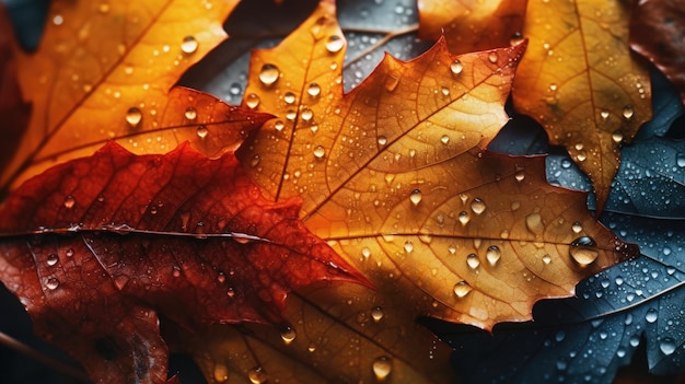 Fondo abstracto que muestra hojas de otoño con rocío matinal IA generativa