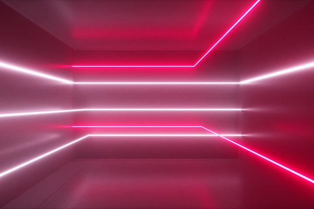 Fondo abstracto, rayos de neón en movimiento, líneas luminosas dentro de la habitación, luz ultravioleta fluorescente, espectro blanco rojo rosado, ilustración 3d