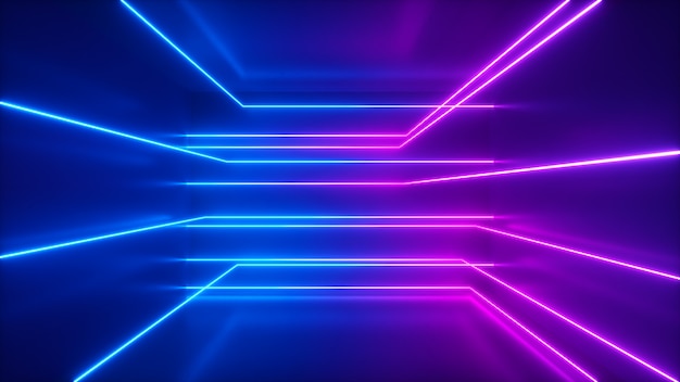 Fondo abstracto, rayos de neón en movimiento, líneas luminosas dentro de la habitación, luz ultravioleta fluorescente, espectro violeta rosa rojo azul, ilustración 3d