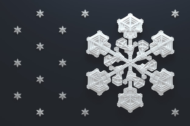 Fondo abstracto de renderizado 3D con copos de nieve. Illustation de fondo de Navidad o Navidad. Tema de vacaciones de invierno. Copo de nieve muy detallado.