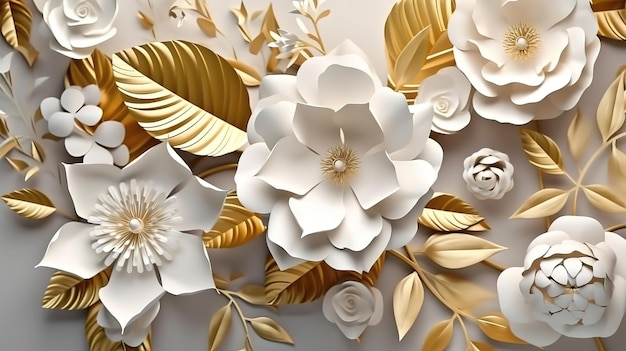 Fondo abstracto de renderizado 3d con flores de papel blanco Ai generativo