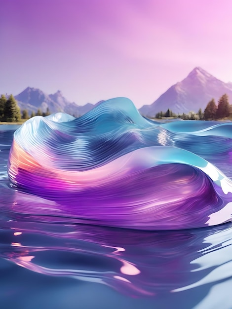 Fondo abstracto de renderizado 3d en el paisaje natural Cinta de vidrio transparente brillante sobre el agua