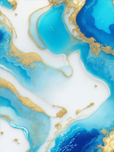 Fondo abstracto de resina epoxi líquida en colores azul y blanco con tinta dorada