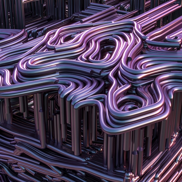 Fondo abstracto de retorcerse tubos metálicos negros y púrpuras. Render 3d