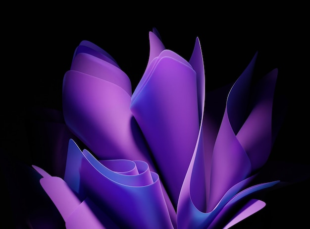Fondo abstracto con tela en capas púrpura doblada en forma de flor Papel tapiz moderno con capas azules y pliegues aislados sobre fondo negro oscuro Efecto multicapa 3d renderizar ilustración