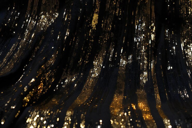 Fondo abstracto de tela negra con pañuelos dorados de primer plano