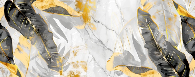 Fondo abstracto con textura de mármol y hojas de plátano doradas patrón de arte de línea ilustración generada por IA