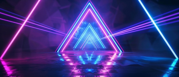 Fondo abstracto con triángulos brillantes de neón efectos de luz láser y colores púrpura azul