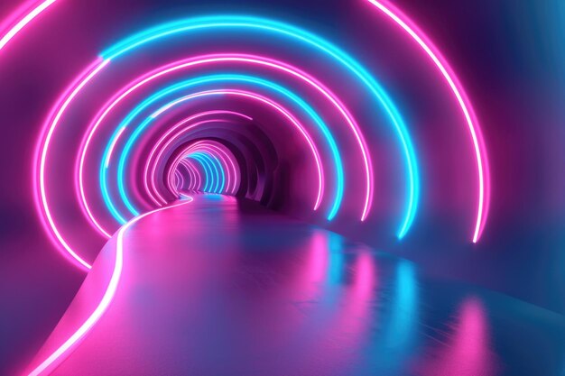 Fondo abstracto de un túnel circular hecho de rayas de neón rosado azul y cintas ascendentes