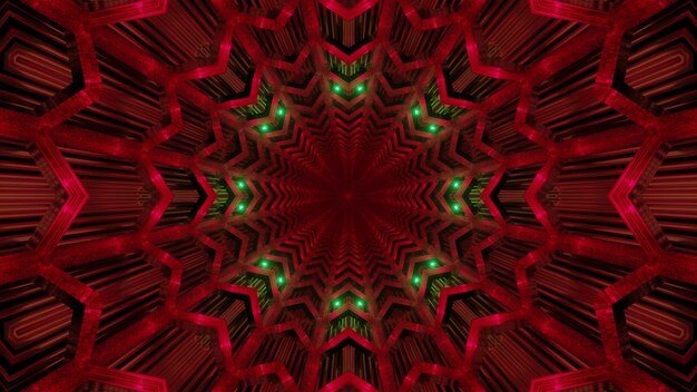 Fondo abstracto de túnel rojo sin fin con formas geométricas e iluminación de neón verde