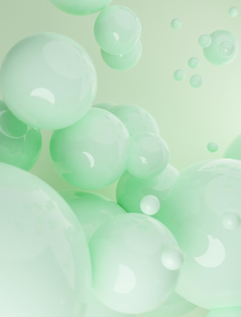Fondo abstracto verde de esferas 3d Burbujas de plástico pastel modernas Diseño de renderizado 3d de esferas abstractas Escena de maqueta abstracta color pastel