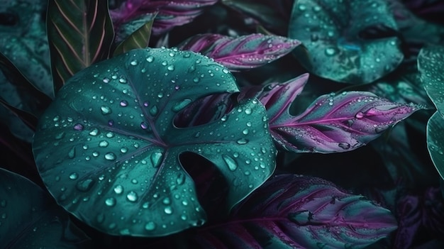 Fondo abstracto con vista de primer plano sobre hojas verdes de monstera y plantas moradas en gotas Fondo de pantalla de verano con rocío en el follaje de la jungla Ilustración horizontal para diseño de banner IA generativa