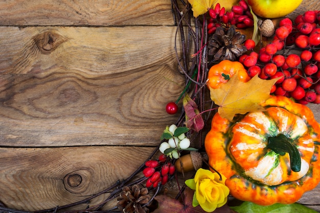 Fondo de acción de gracias con calabaza decorativa y corona de rosas amarillas, espacio de copia