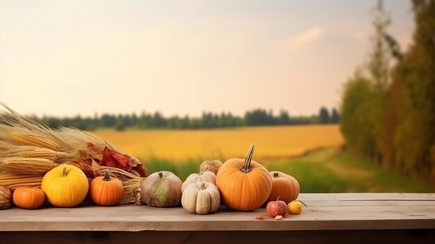 Fondo de Acción de Gracias con calabazas manzanas y maíz en mesa de madera generativo Ai