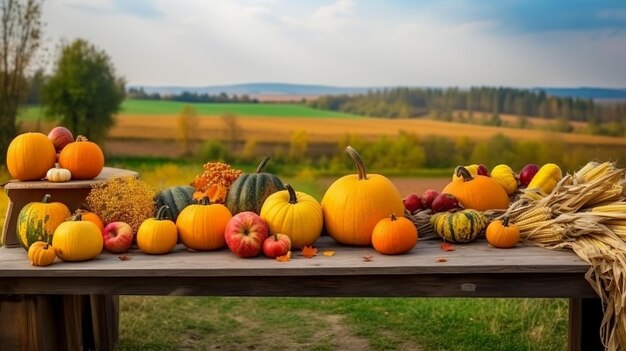 Fondo de Acción de Gracias con calabazas manzanas y maíz en mesa de madera generativo Ai