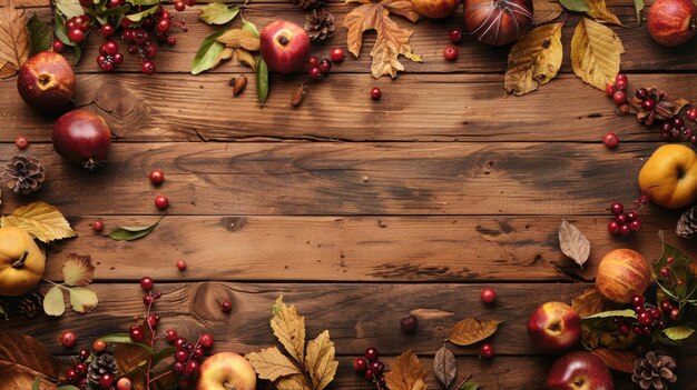 Fondo de Acción de Gracias con la cosecha de otoño en una mesa de madera