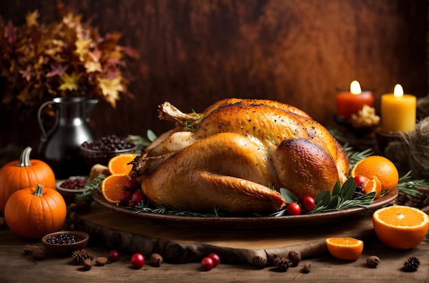 Fondo de acción de gracias feliz decoraciones de pavo asado en un banner de mesa de madera con texto de espacio de copia