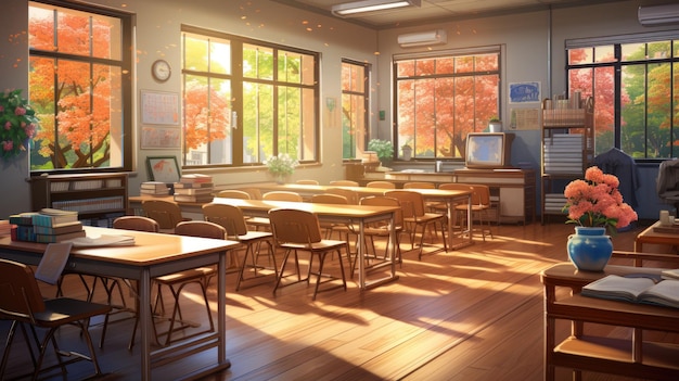 Un fondo acogedor que muestra un salón de clases decorado con colores cálidos