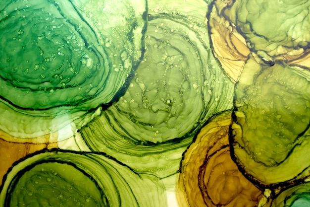 Fondo acuarela abstracta círculos verde ocre. Manchas de pintura marrón naranja y manchas en el agua, papel tapiz de arte líquido fluido, mezcla de colores otoñales