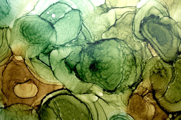 Fondo acuarela abstracta círculos verde ocre. Manchas de pintura marrón naranja y manchas en el agua, papel tapiz de arte líquido fluido, mezcla de colores otoñales