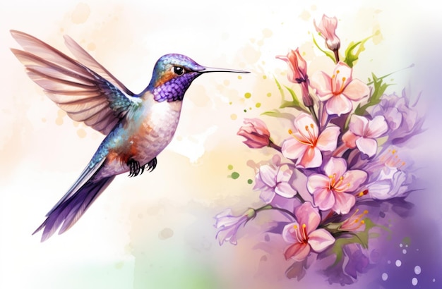 fondo de acuarela con un colibrí colorido con flores de lila