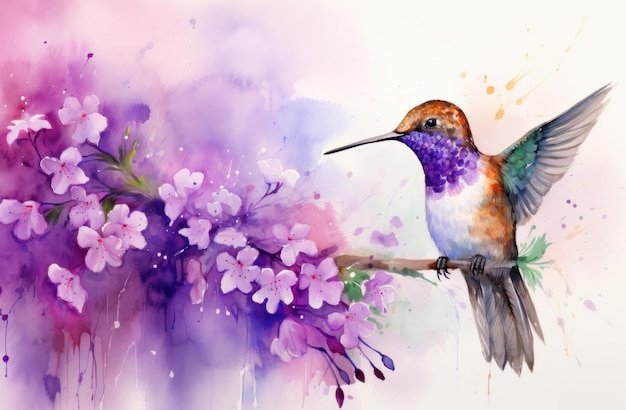 fondo de acuarela con un colibrí colorido con flores de lila