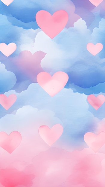 Fondo de acuarela con corazones en el cielo nublado Amor día de San Valentín fondo romántico