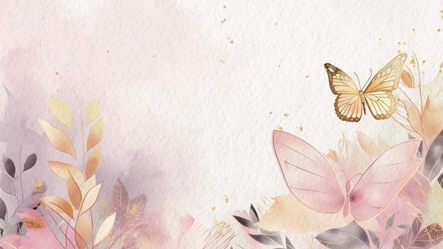 Foto fondo de acuarela floral y mariposa abstracto en papel con toques de oro